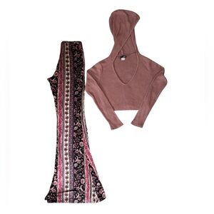 Flared Pull On Floral Pants and Mauve Cropped Sweater Hoodie